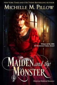 Michelle M PIllow's Maiden and the Monster features a red gowned woman with tousled red hair lit by candles from the side it's very evocative.