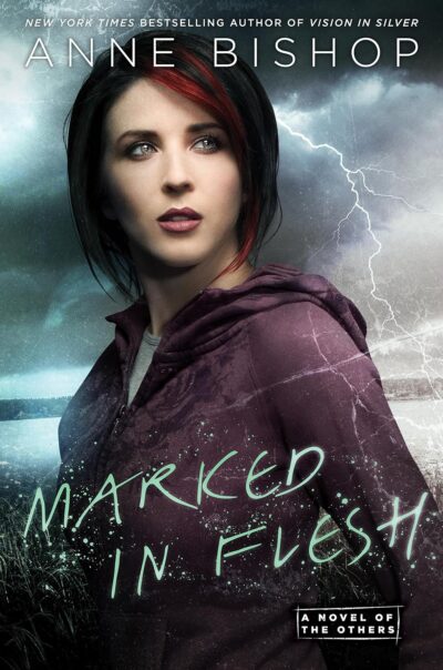 Marked in Flesh - an image of a very pale White woman with dark red hair looking concerned. She's wearing a purple hoodie and there is lightning in the sky behind her