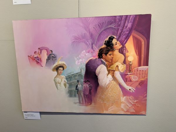 A very lavendar and peach image with small figures of women lounging on chairs then a picture of a stern white woman in a white hat and gown looking to her left, and the cover image is a man in a purple waistcoat an white shirt embracing a white woman from behind like he's sniffing her shoulder blade, and she's leaning back into him wearing an ivory gown and opera length gloves