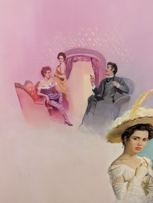 A close up of the women lounging and one has a purple negligee on with purple and pink striped hose!