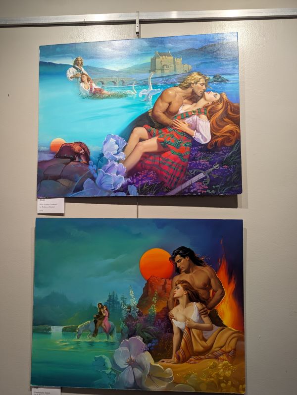 Two oil paintings of romance covers, One with a woman in a plaid laying back with a shirtless guy about to climb on her with a lock in the background. below that is an orange sun and a man kneeling behind a woman in a white shirt with fire behind them - really close by