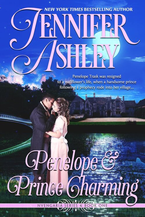 Penelope and Prince Charming by Jennifer Ashley has a blue sky with a moon? or sun? the lighting is impossible to fully tell with a couple embracing in front of a pond with a big ol manor house in the background. there's a crosshatch pattern over everything which is very weird in high-res