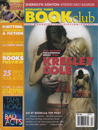 The cover of RT Book Club magazine featuring the illustration from the cover of A Hunger Like No Other by Kresley Cole - an illustration of a white man with dark spiky hair bending over the neck of a woman who is shown from behind. She has long blonde hair, long red nails, and a midriff baring top with black laces in the back