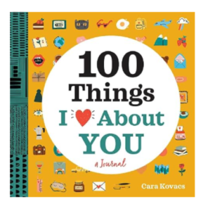 100 Things I Love About You journal by Cara Kovacs with a yellow cover and the title in a big white circle 