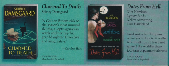 of Charmed to Death anthology, a woman with a backless dress holding red shoes, and Charmed to Death which has a summoning circle and a black cat 