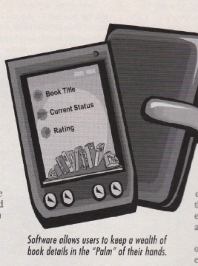 The clip art is SO CUTE: an illustration of a Palm pilot with a screen showing Book Title, Current status, rating - showing the book tracking software from Wakefield 