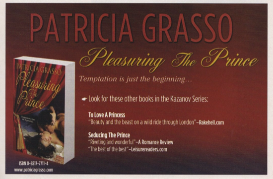 An ad for Patricia Grasso's pleasuring the Prince, which features quotes from Rakehell.com and LeisureReaders.com