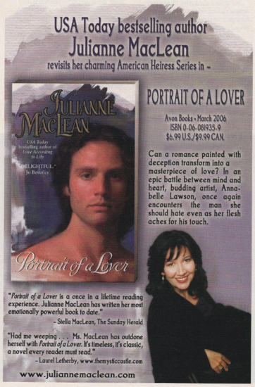 Ad for Portrait of a Lover by Julianne MacLean featuring the cover, which has a dude with a mullet staring dazedly at the viewer, and in the lower right corner, the author's headshot - and again, she's leaning to the side and resting on one elbow