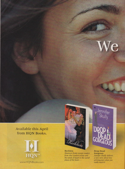 A massive close up of a White woman smiling with all her teeth and looking at the reader, and at the bottom in a small banner are books titled Reckless and Drop Dead Gorgeous. There is so much teeth and gum I can tell her dental health. 