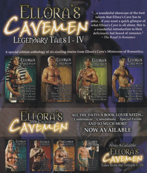 Ellora's Cavemen Legendary Tails 1-4, with eight cover models in skirts, head dresses and jewelry posing on the covers of different anthologies. 