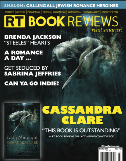 The cover for March 2016 features Cassandra Clare's Lady Midnight, with the cover art depicting a very thin White woman sinking into some water with her back arched and her hair clouding around her, and there's a sword falling out of her hand