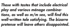 Those with tastes that include electrical play and various ménage combina-tions, as well as m/m sex, will find this well-written tale satisfying. The bizarre pretense will leave others disappointed.