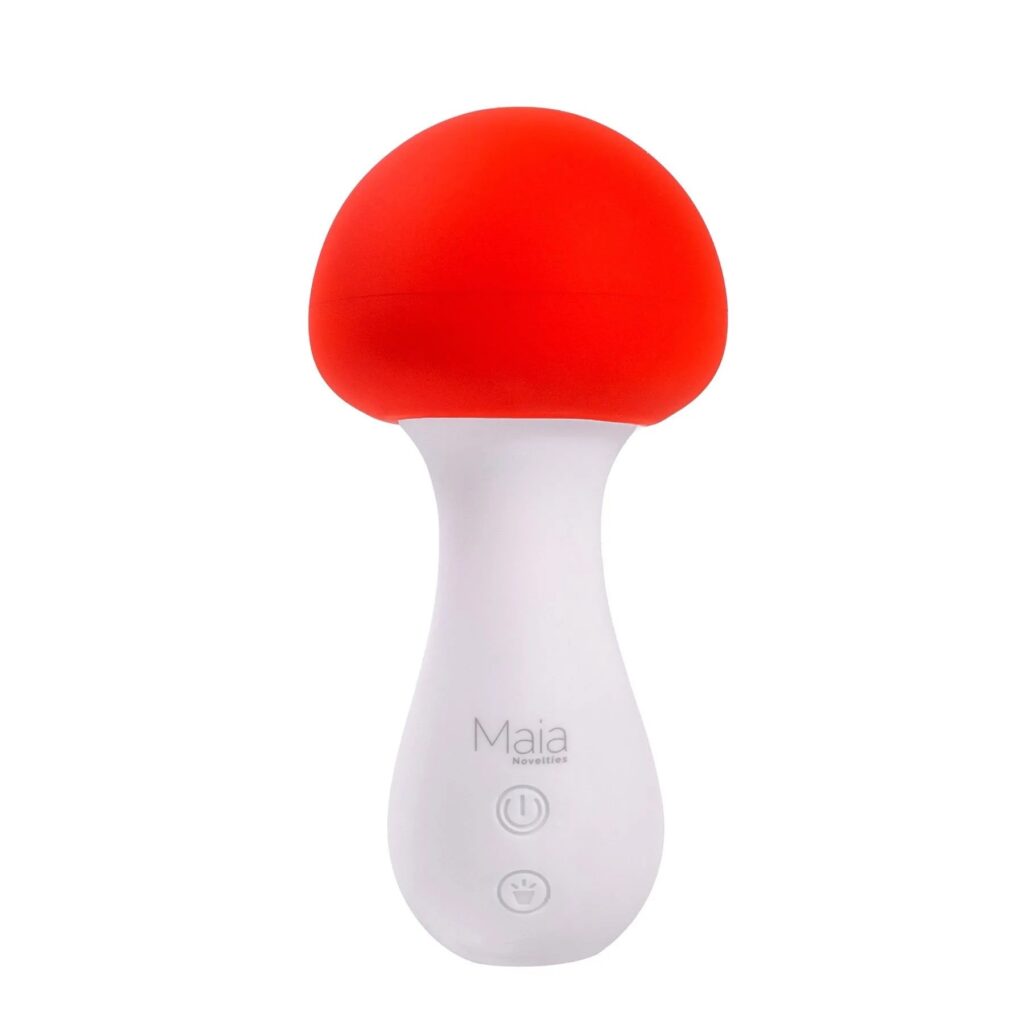 A small wand vibrator that looks like a mushroom with a white base and red, mushroom top.