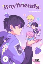 boyfriends 2 an illustration of a boy with piercings and purple hair with three chibi style illustrations of boys floating above his hands