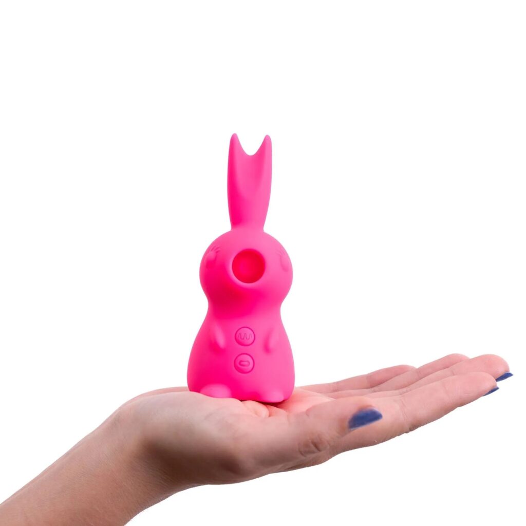 A pink, bunny-shaped sucking vibrator with tall ears.