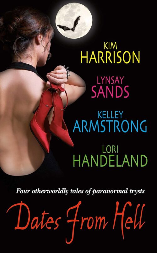 A white woman in a backless low wwaisted dress holding bright red heels over her shoulder with the names of the authors in colors against a black background.