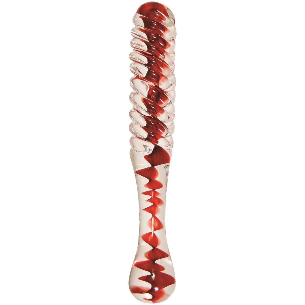 A glass dildo with swirls of red and pink inside