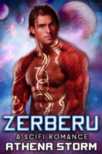 Zerberu by Athena Storm. A shirtless man in space, but it looks like his skin is made out of deli meat, just a very bright red with lots of texture.