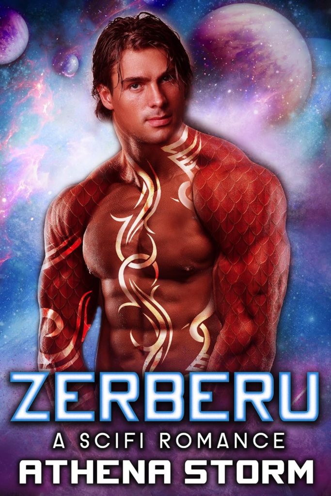 Zerberu by Athena Storm. A shirtless man in space, but it looks like his skin is made out of deli meat, just a very bright red with lots of texture.