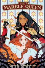 An illustration in mostly orange, red, and black of a woman with long dark hair and a sword looming with a serious expression behind a woman with red hair in a blue gown who is reaching up for the sword. she looks worried