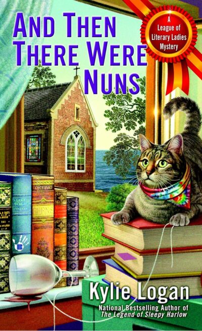 And Then There were Nuns -a colorful illustration of a cat with a kerchief around its neck perched on a stack of books with a church in the background and a lake in the distance
