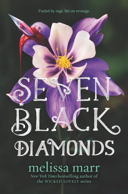 Seven Black Diamonds has a close up of a blue columbine flower with the title written in what looks like white marker pen in a loopy style 