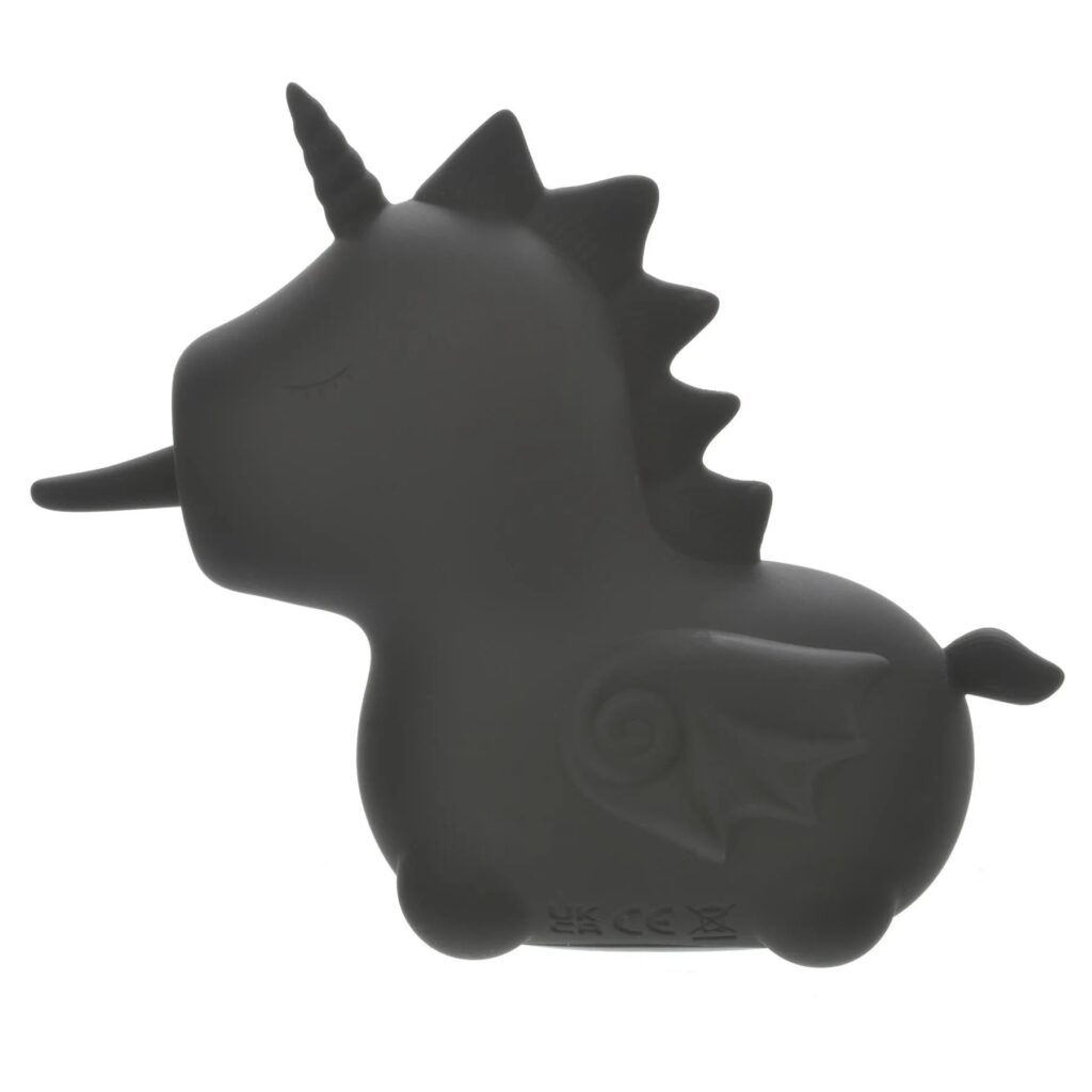 A black unicorn shaped sex toy. It looks like it has its tongue sticking out and that provides the stimulation.