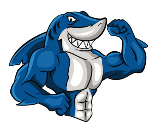 A blue and white illustration of a shark flexing a bicep with extremely defined abs.