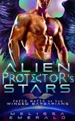 Alien Protector's Stars by Melissa Emerald. A very orange, shirtless man is covered in sparkles. He also has dark purple wings that are also sparkly. He looks like he's covered in the rainbow prism reflections you get from a disco ball.