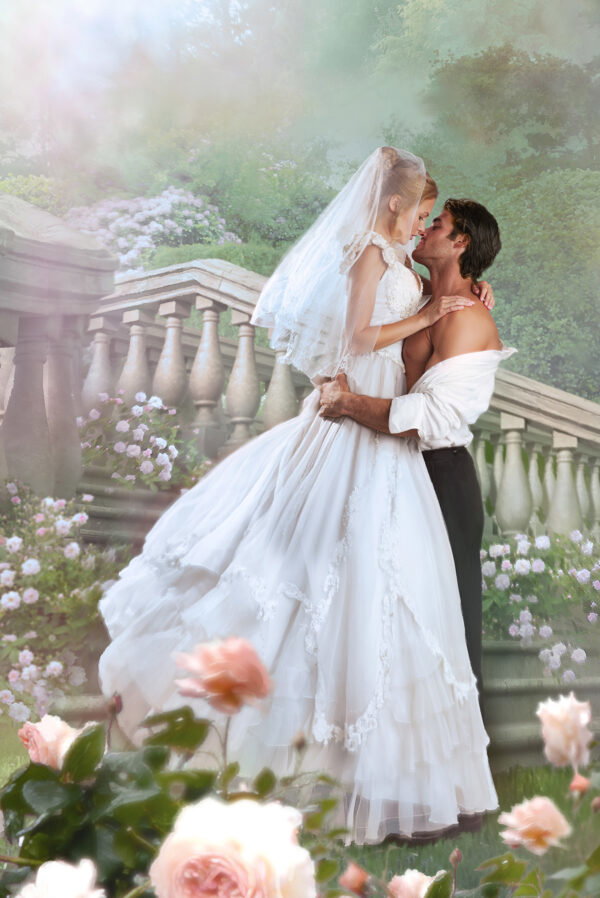 The same couple from the photograph but now they're on a stone staircase outside in a rose garden 