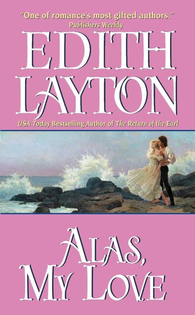 Alas my Love - a pink cover with a tiny illustration in the middle that shows people embracing on some rocks with rough surf behind them!