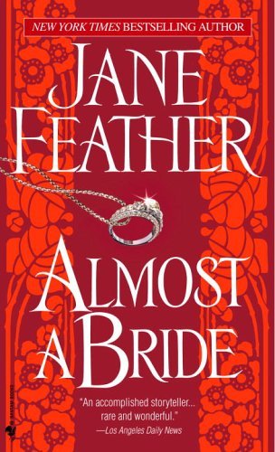 Almost a Bride by Jane Feather a red cover with a background texture and a picture of a ring 