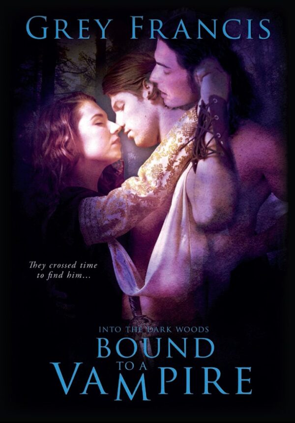 A mostly magenta tinted image of a white woman with red hair embracing what looks like a man with two heads.