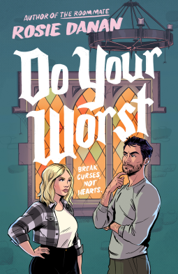 Do Your Worst by Rosie Danan. An illustrated cover of a man and woman glowering at one another in front of an large, gothic, orange stained glass window. The woman is blonde and she's wearing black jeans, a white shirt, and a black and white flannel. The man has dark hair and scruff and is wearing dark gray pants and a long-sleeve gray shirt.  The font has sharp edges and fits the gothic theme.