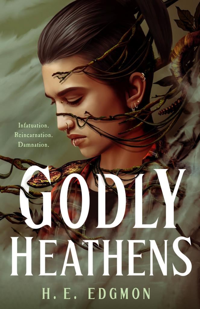 Godly Heathens by H.E. Edgmon. The three quarter profile of a young Indigenous person. The sides of their head are shaved and the loose hair on top is pulled back into a ponytail. They have a gold lip ring and nose ring. Twigs and branches are reaching out to surround their face and shoulders, while a red and gold snake peeks out from the branches.