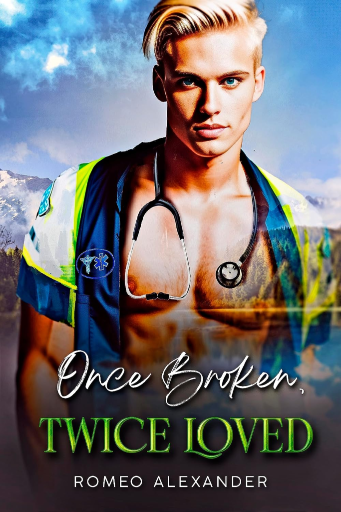 Once Broken, Twice Loved by Romeo Alexander. It's hard to tell if this a photograph, illustrated, or honestly AI. A very blond man with overly gelled hair is wearing an EMT uniform, but it's unbuttoned. A photoshopped stethoscope hangs around his neck and you can see mountains in the background and through him.