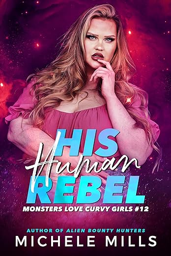 His Human Rebel by Michele Mills. A hot pick cover of a woman in a pink dress with wavy blonde hair. One arm is cross over her body and the other one is reaching up to touch her own lips. However, there's some shady on her forehead that either looks like lace from a wig or hair dye that stained her skin.