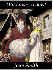 Old Lover's Ghost with two cutout illustrations of a man and woman in Regency winter garb with hats, scarves and she's carrying a GIANT Muff. It looks like a sheep. The cutouts are against a photograph of some old buildings I Presume of the era
