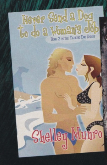 Never Send a Dog to do a Woman's Job by Shelly Munro is illutrated in a very modern style in pale blue and beige, but the guy is incredibly shapely, wearing a blue banana hammock and he has a mullet - it's very stylized and because it's the lightest thing on the page it jumps out.