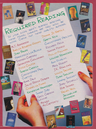 A full page ad with a list of names on a piece of paper held by giant hands. 