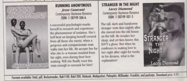 Ads for two books including Running Anonymous by Jesse Casavant, and stranger in the night by lacey diamond. the formats available include Formats available: html, pdf, Rocketreader, Reb1 100, Reb 200, Hiebook, Mobipocket, Palmpilot, MSReader, Franklin, and pocketpc.