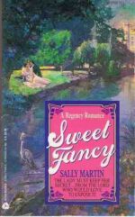 Sweet Fancy by Sally martin - a watercolor style illustration of two people sitting by a canal in period clothing in the background with a heron in the water in the front