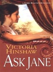 Ask Jane is a side view of a white woman in a period dress with cap sleeves that are puffy, her arm across the back of a chair that divides the cover image in half. 