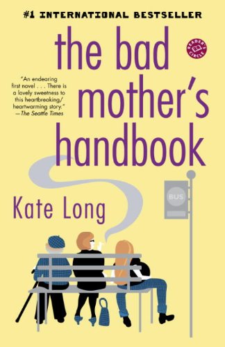 The bad mother's handbook, a yellow background with three illustrated women sitting on a bench pictured from behidn and one of them appears to be smoking