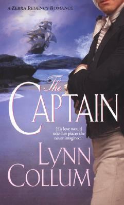 The Captain a side view of a white man in period costume standing sideways mostly to the right edge of the cover. behind him is a low tide shoreline with a massive massive ship at full sail 