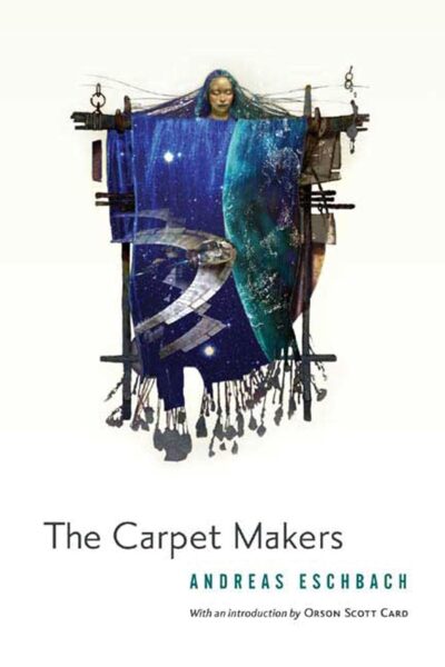 An illustration of a woman merged with a weaving loom with the fabric on the loom showing a view of deep space