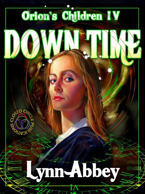 An illustration of a white woman with blonde woman who is looking over her shoulder at the reader somewhat pretentiously behind her are orbs of light and spheres