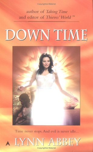 A white woman with a shaggy bob in a glowing white dress surrounded by light and a pirate ship in the background. 