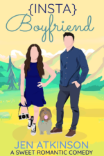Insta Boyfriend by Jen Atkinson. An illustrated cover of a man and woman standing in a clearing in a forest. However, their faces have no features - no eyes, noses, or mouths. There's a shaggy little dog between them, who does have facial features