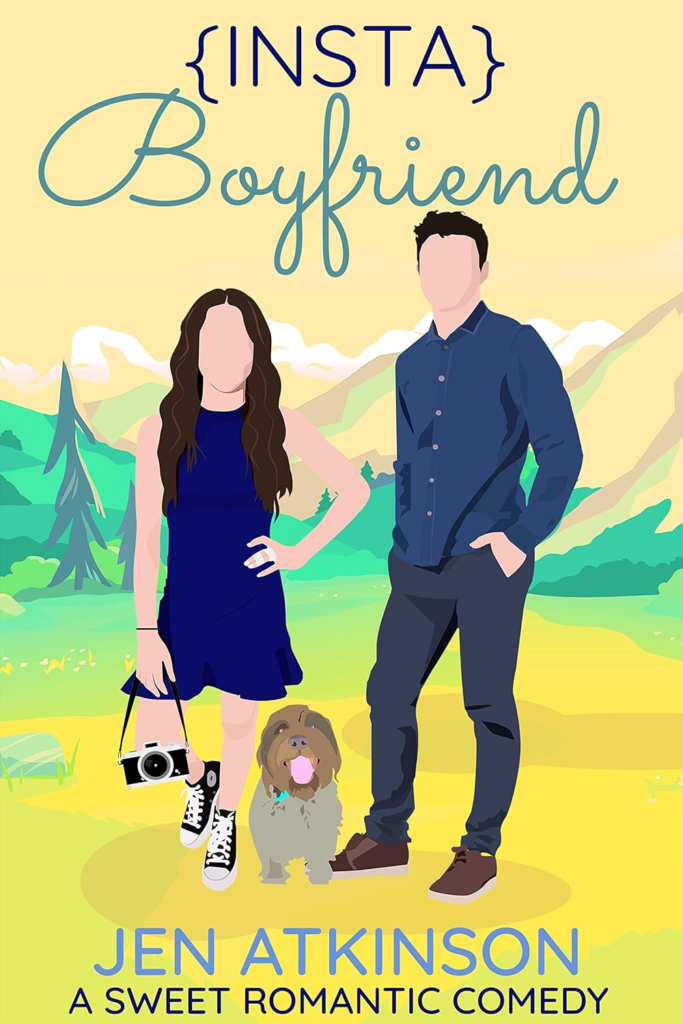 Insta Boyfriend by Jen Atkinson. An illustrated cover of a man and woman standing in a clearing in a forest. However, their faces have no features - no eyes, noses, or mouths. There's a shaggy little dog between them, who does have facial features
